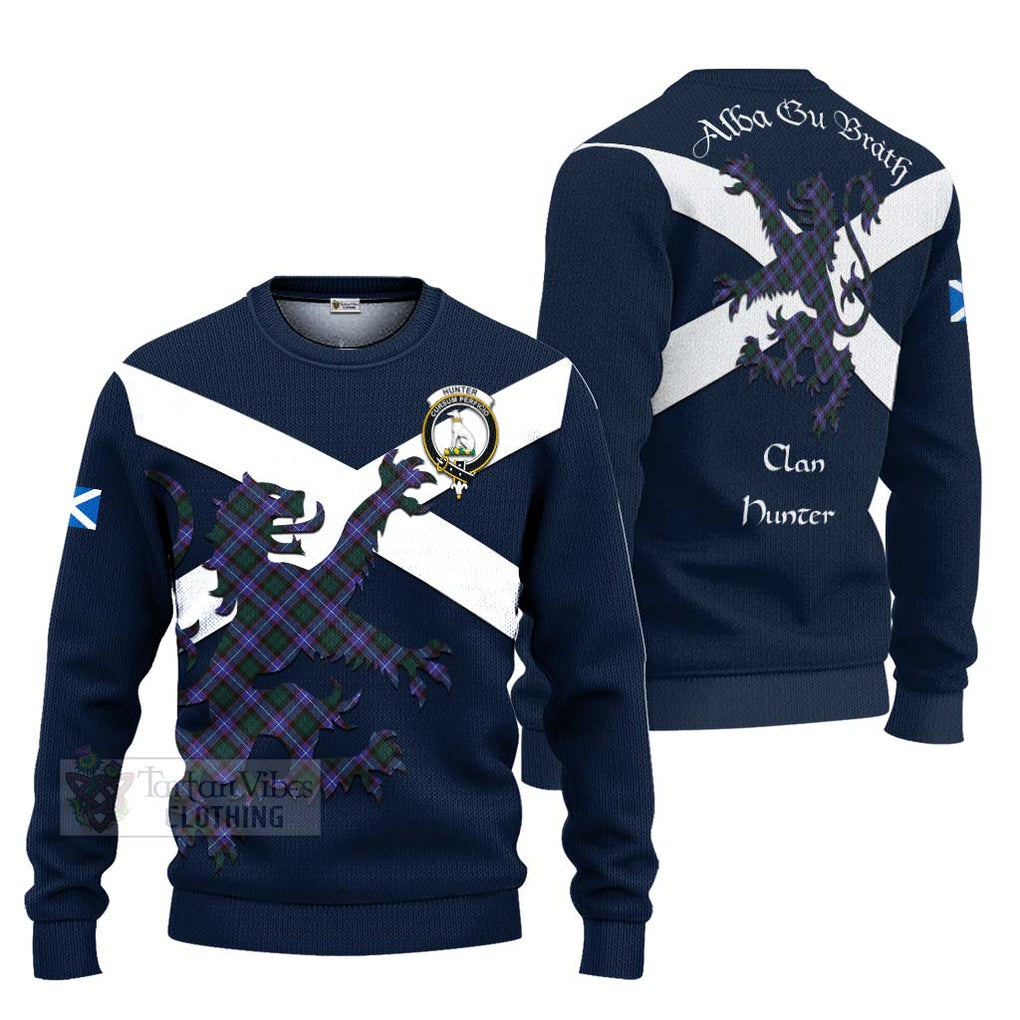 Tartan Vibes Clothing Hunter (Hunterston) Tartan Lion Rampant Knitted Sweater – Proudly Display Your Heritage with Alba Gu Brath and Clan Name