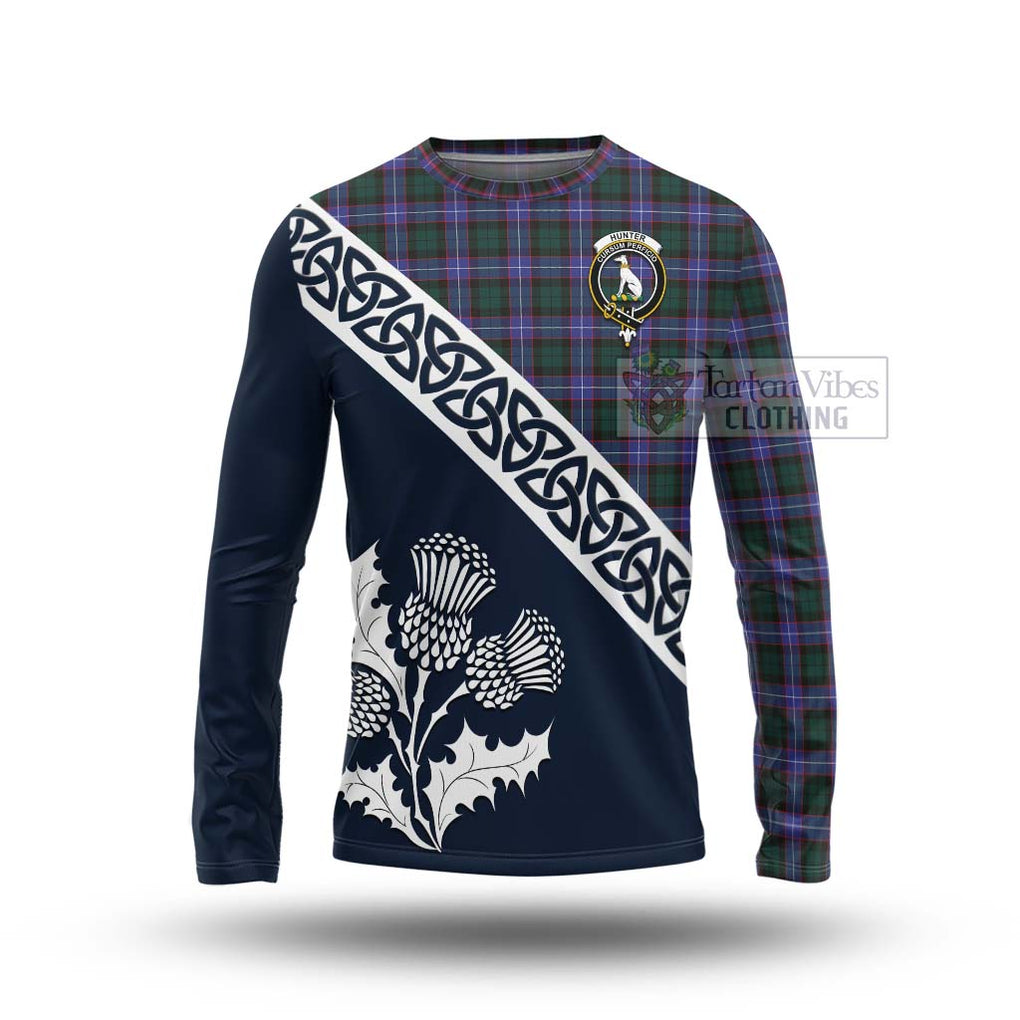 Tartan Vibes Clothing Hunter (Hunterston) Tartan Long Sleeve T-Shirt Featuring Thistle and Scotland Map