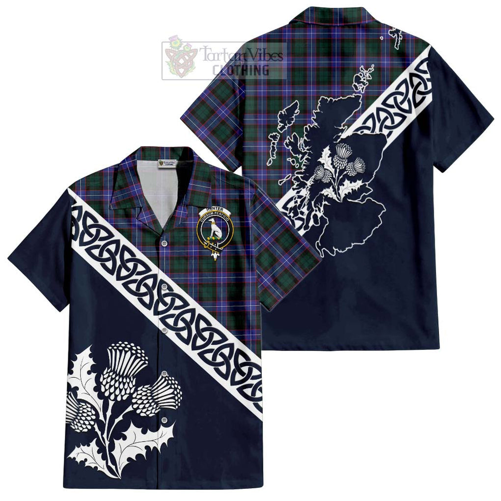 Tartan Vibes Clothing Hunter (Hunterston) Tartan Short Sleeve Button Shirt Featuring Thistle and Scotland Map