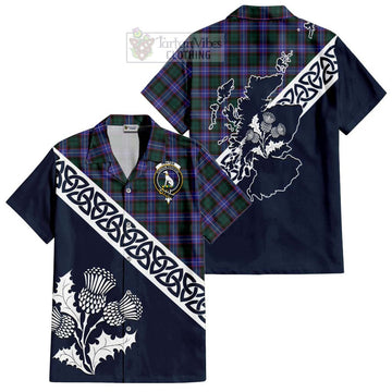 Hunter (Hunterston) Tartan Short Sleeve Button Shirt Featuring Thistle and Scotland Map