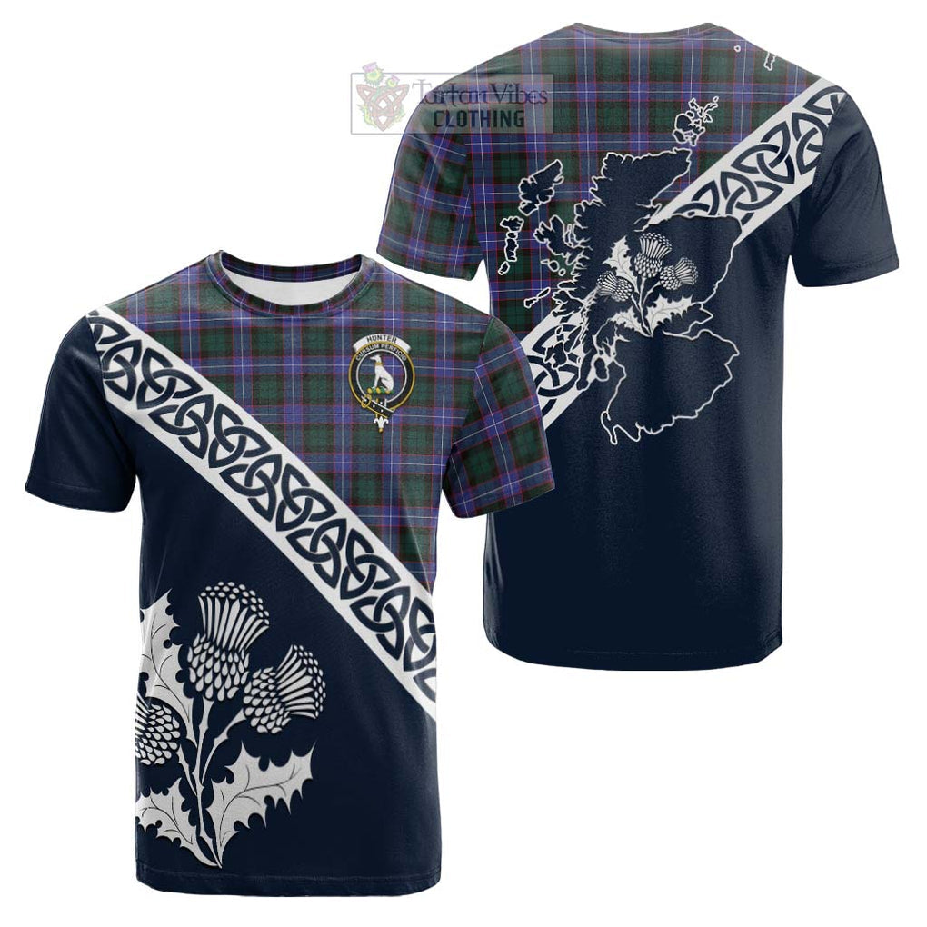 Tartan Vibes Clothing Hunter (Hunterston) Tartan Cotton T-shirt Featuring Thistle and Scotland Map