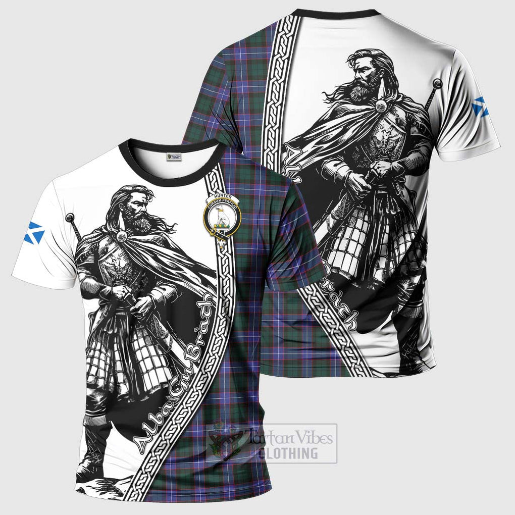 Tartan Vibes Clothing Hunter (Hunterston) Tartan Clan Crest T-Shirt with Highlander Warrior Celtic Style