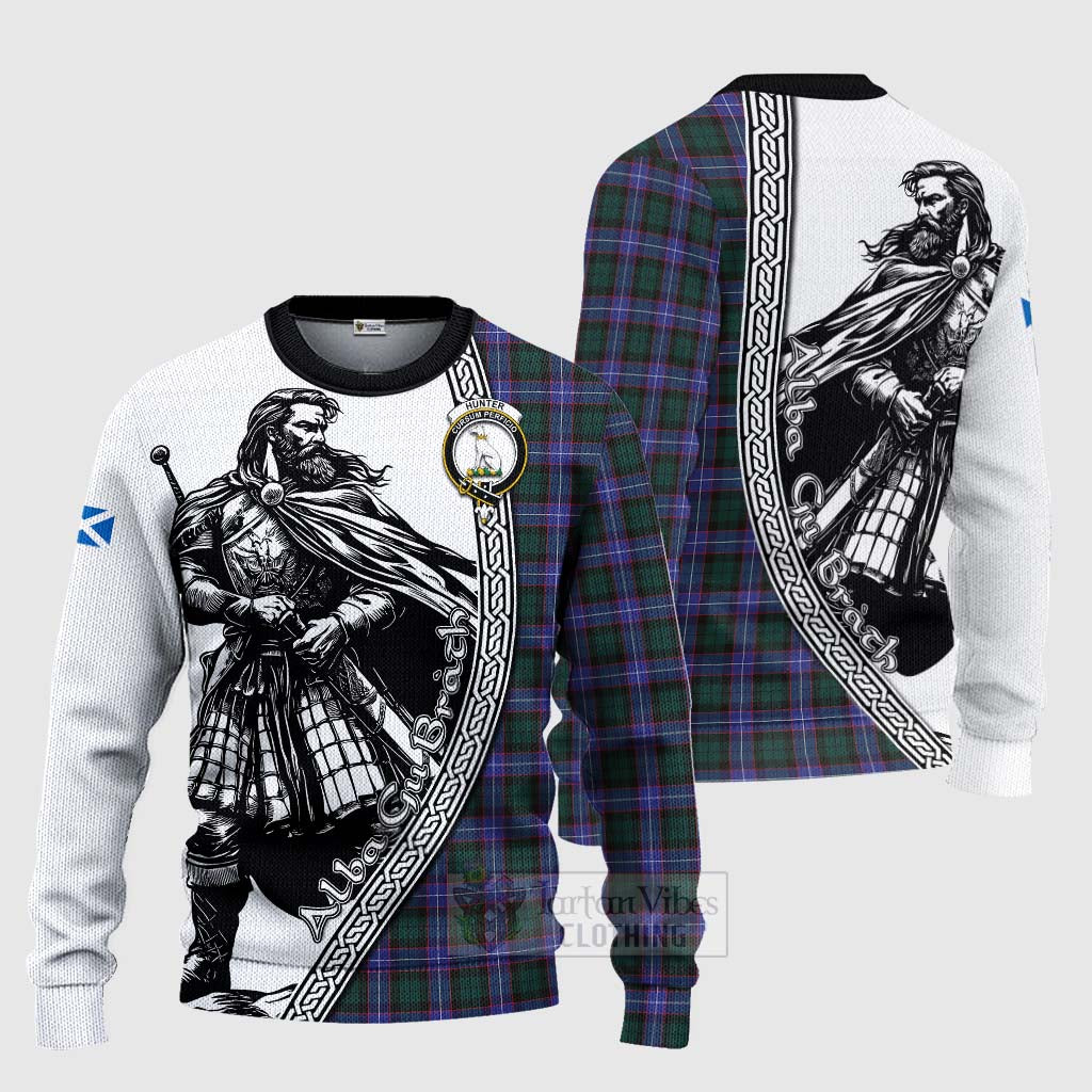 Tartan Vibes Clothing Hunter (Hunterston) Tartan Clan Crest Knitted Sweater with Highlander Warrior Celtic Style