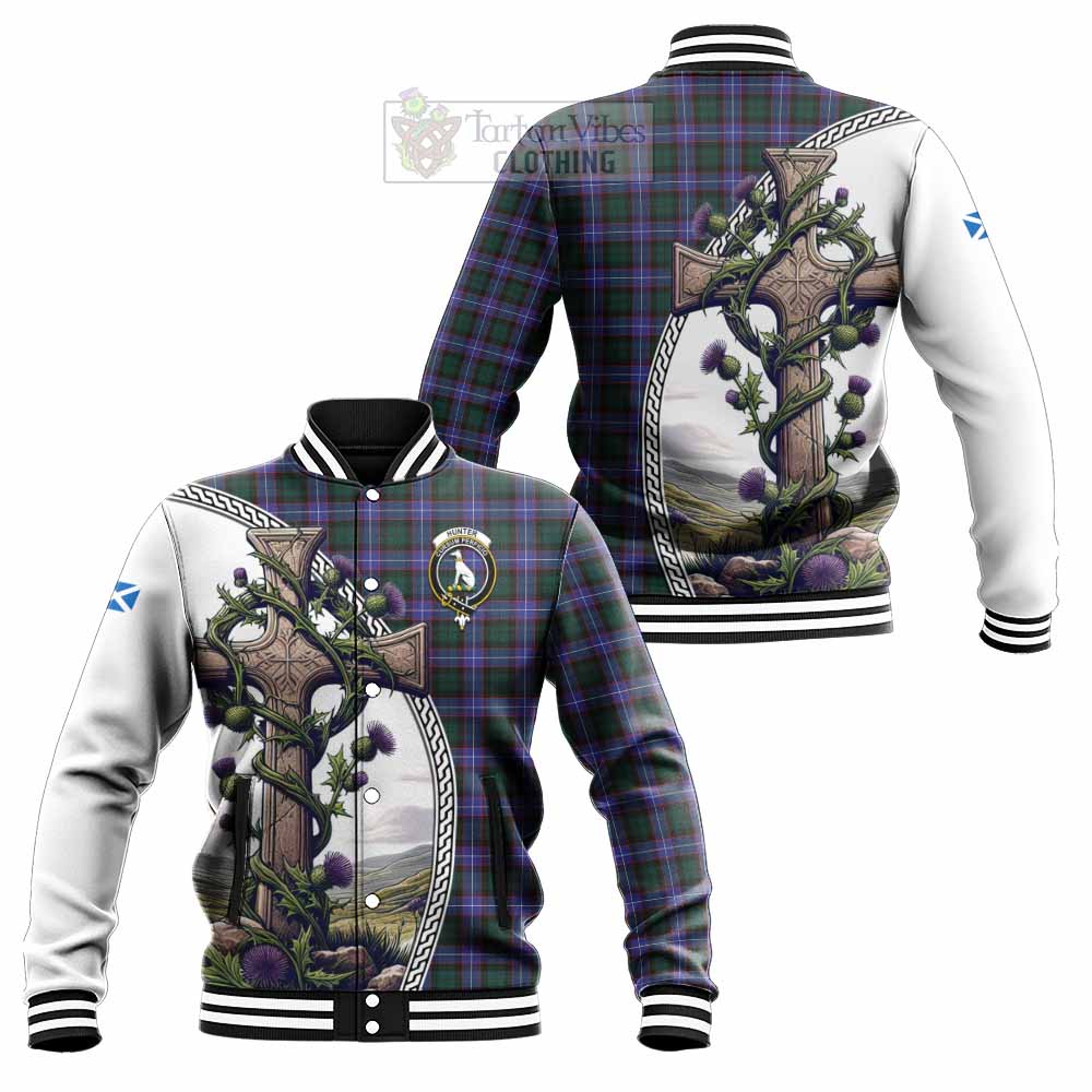 Tartan Vibes Clothing Hunter (Hunterston) Tartan Baseball Jacket with Family Crest and St. Andrew's Cross Accented by Thistle Vines