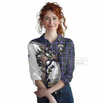 Hunter (Hunterston) Tartan Women's Casual Shirt with Family Crest and St. Andrew's Cross Accented by Thistle Vines