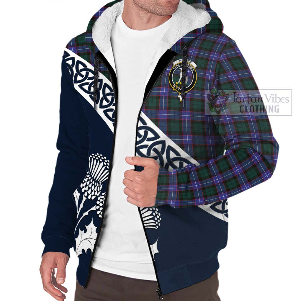 Tartan Vibes Clothing Hunter (Hunterston) Tartan Sherpa Hoodie Featuring Thistle and Scotland Map