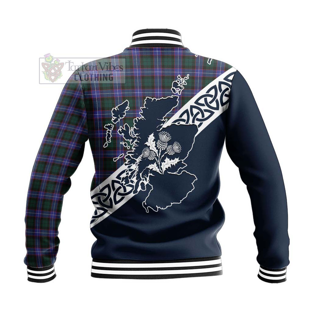 Tartan Vibes Clothing Hunter (Hunterston) Tartan Baseball Jacket Featuring Thistle and Scotland Map