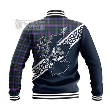 Hunter (Hunterston) Tartan Baseball Jacket Featuring Thistle and Scotland Map