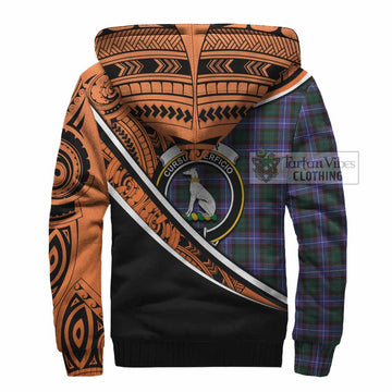 Hunter (Hunterston) Crest Tartan Sherpa Hoodie with Polynesian Vibes Style - Orange Version