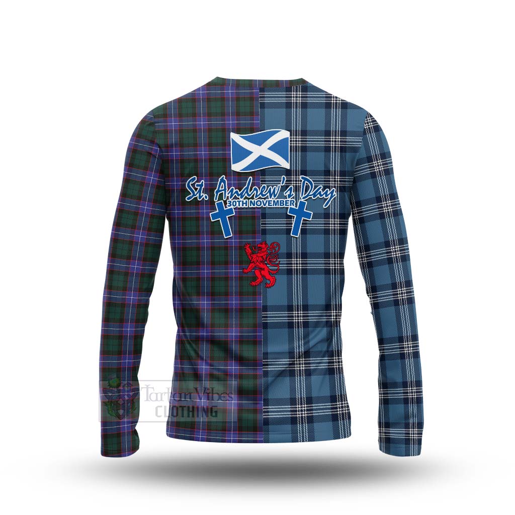 Tartan Vibes Clothing Hunter (Hunterston) Tartan Long Sleeve T-Shirt Happy St. Andrew's Day Half Tartan Style