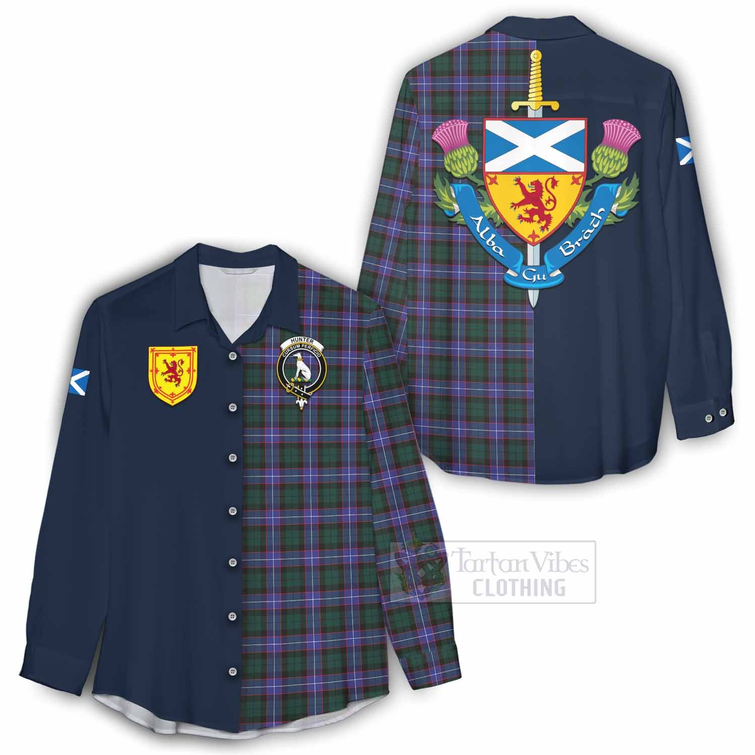 Tartan Vibes Clothing Hunter (Hunterston) Tartan Women's Casual Shirt Alba with Scottish Lion Royal Arm Half Style