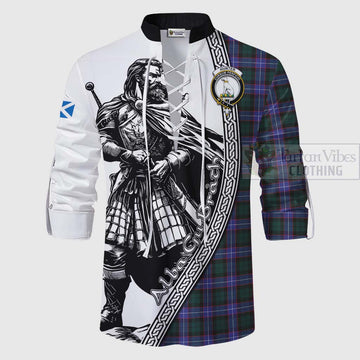 Hunter (Hunterston) Tartan Clan Crest Ghillie Kilt Shirt with Highlander Warrior Celtic Style