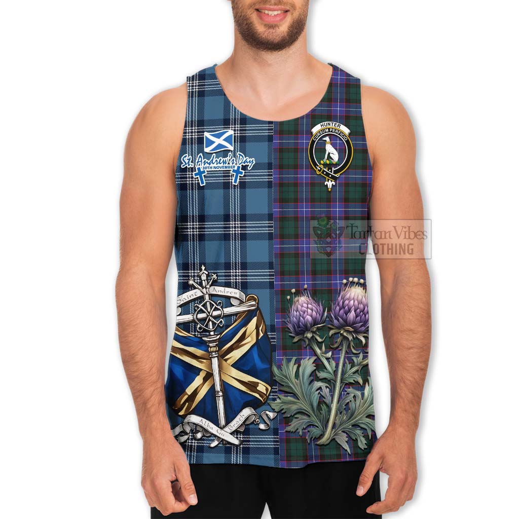 Tartan Vibes Clothing Hunter (Hunterston) Tartan Men's Tank Top Happy St. Andrew's Day Half Tartan Style