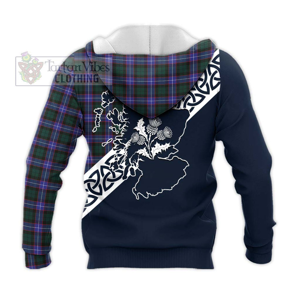 Tartan Vibes Clothing Hunter (Hunterston) Tartan Knitted Hoodie Featuring Thistle and Scotland Map