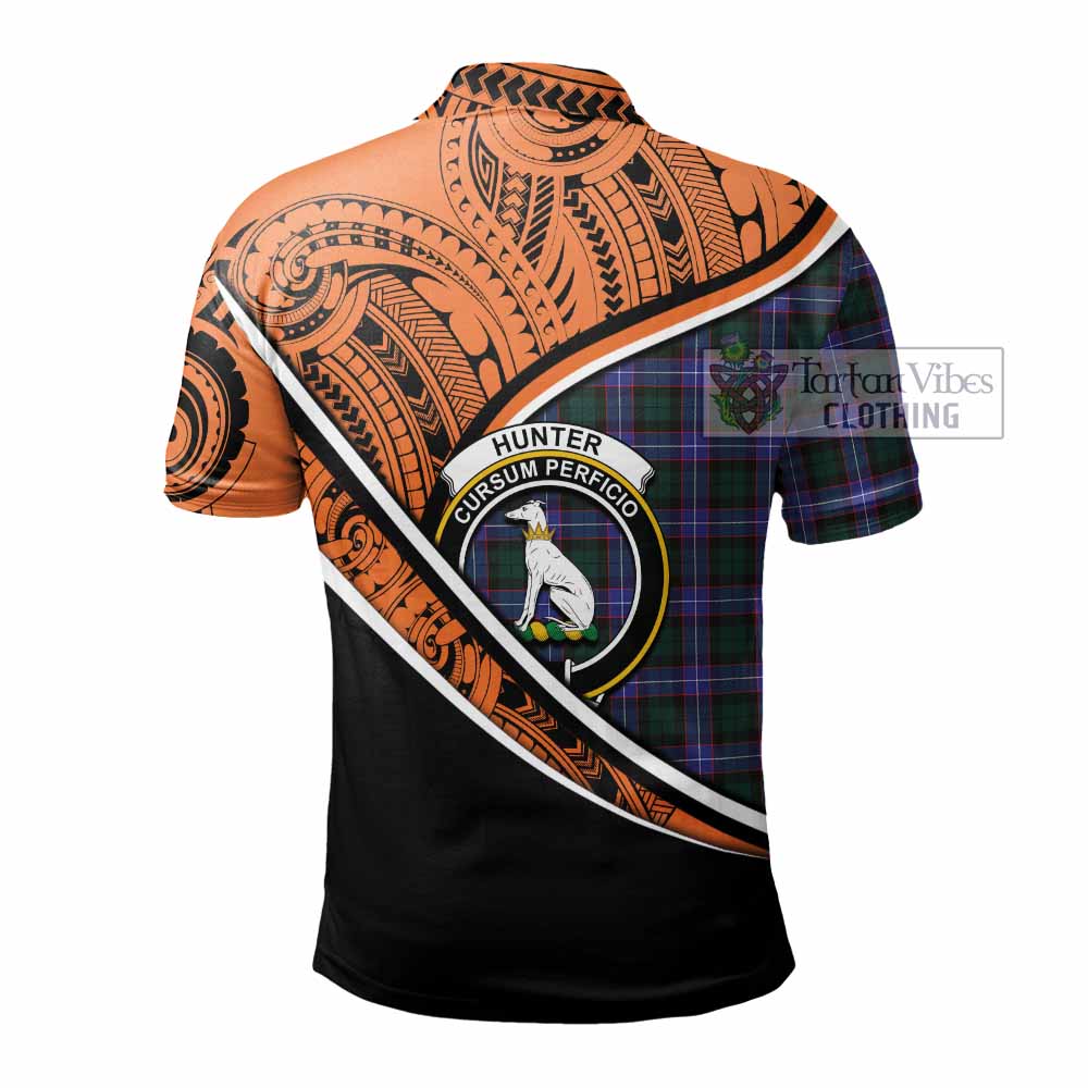 Tartan Vibes Clothing Hunter (Hunterston) Crest Tartan Polo Shirt with Maori Tattoo Style - Orange Version