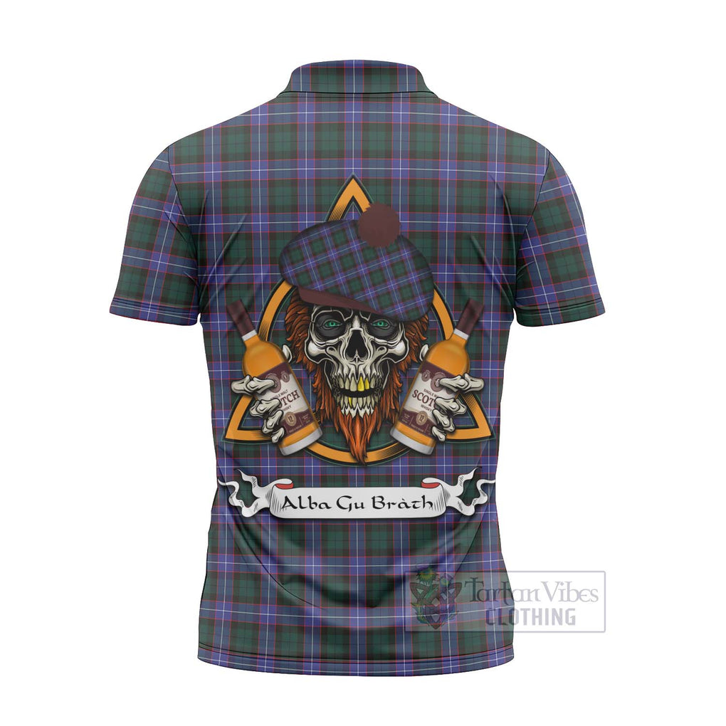 Tartan Vibes Clothing Hunter (Hunterston) Tartan Zipper Polo Shirt with Family Crest and Bearded Skull Holding Bottles of Whiskey