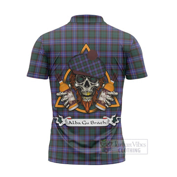 Hunter (Hunterston) Tartan Zipper Polo Shirt with Family Crest and Bearded Skull Holding Bottles of Whiskey