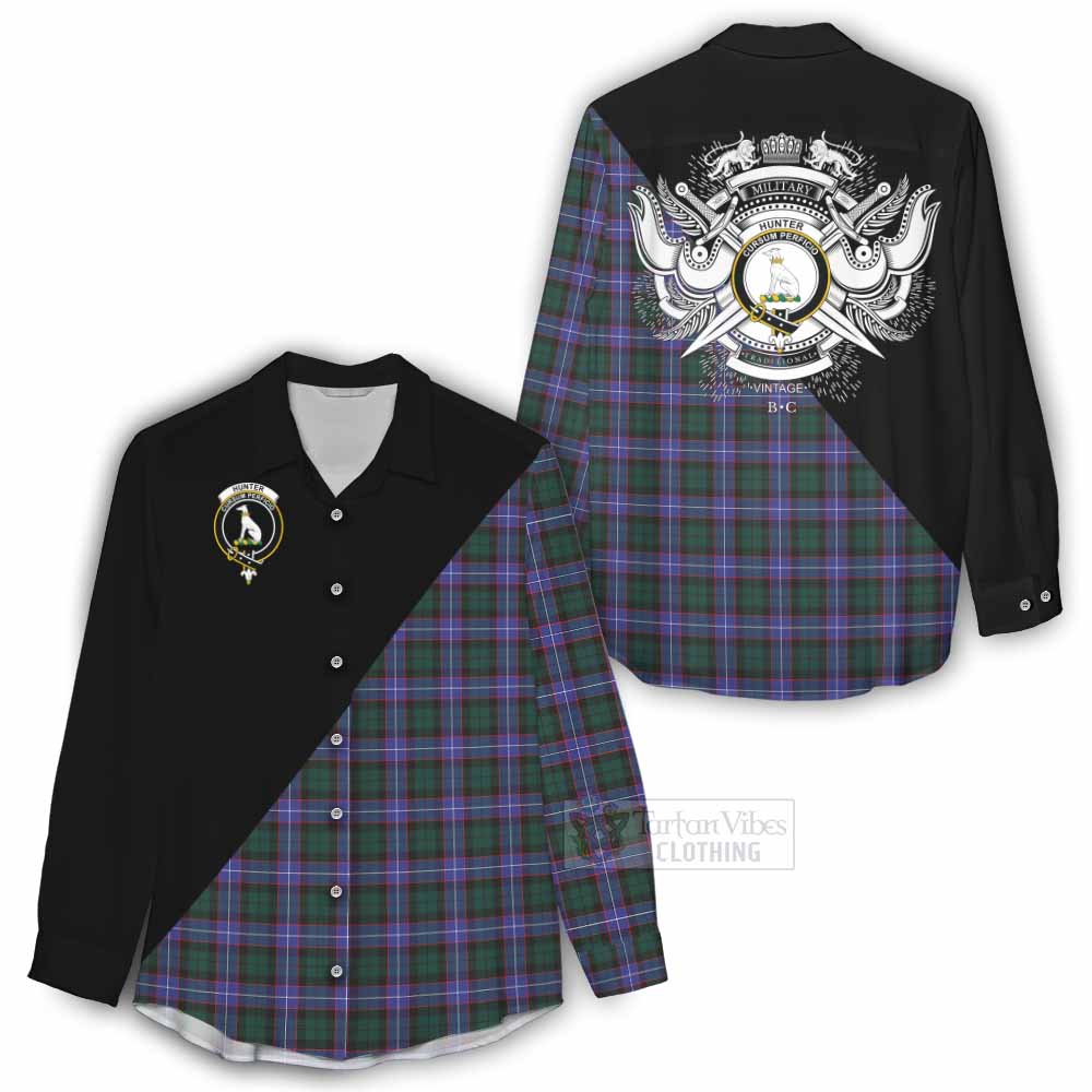 Tartan Vibes Clothing Hunter (Hunterston) Tartan Women's Casual Shirt with Family Crest and Military Logo Style