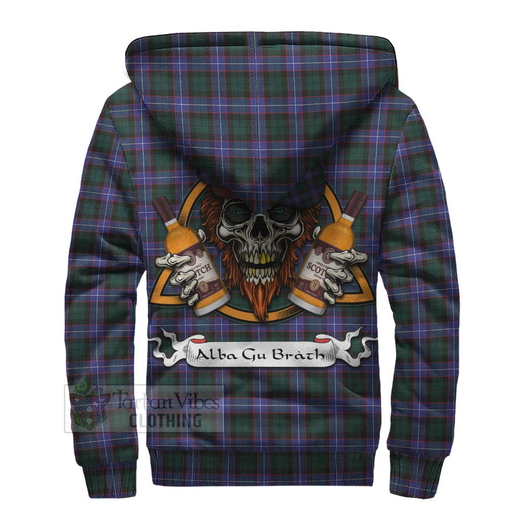 Tartan Vibes Clothing Hunter (Hunterston) Tartan Sherpa Hoodie with Family Crest and Bearded Skull Holding Bottles of Whiskey