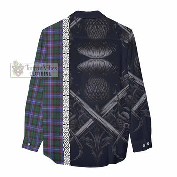 Hunter (Hunterston) Tartan Women's Casual Shirt with Family Crest Cross Sword Thistle Celtic Vibes