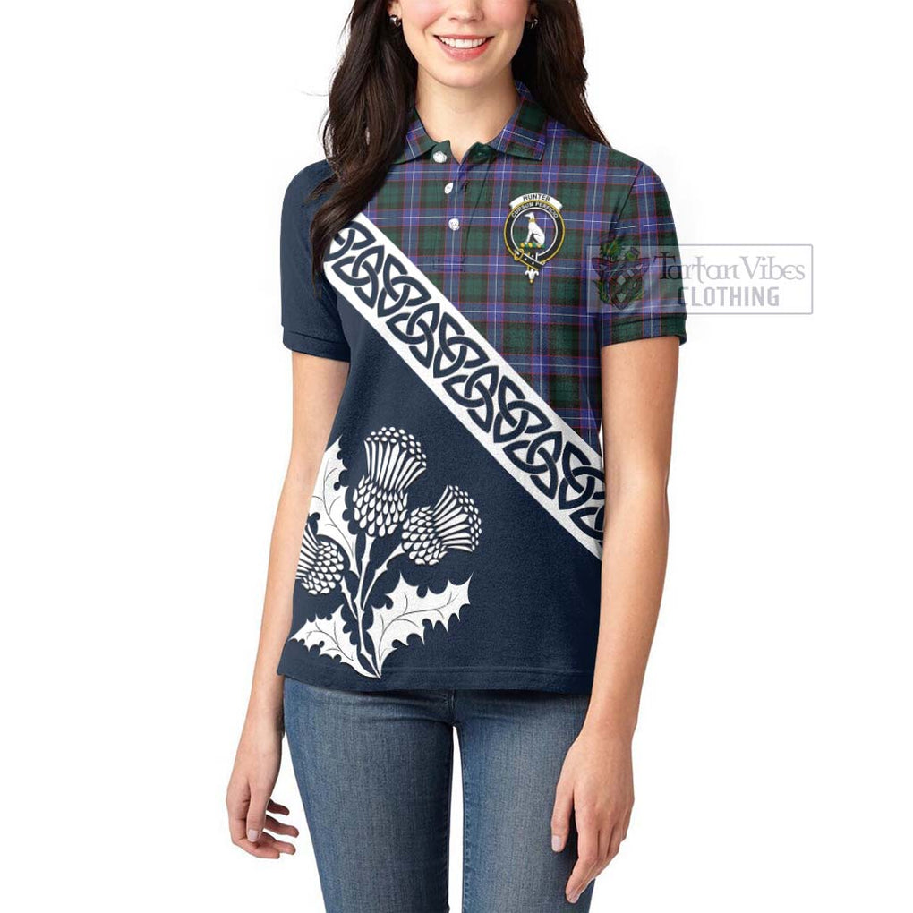 Tartan Vibes Clothing Hunter (Hunterston) Tartan Women's Polo Shirt Featuring Thistle and Scotland Map