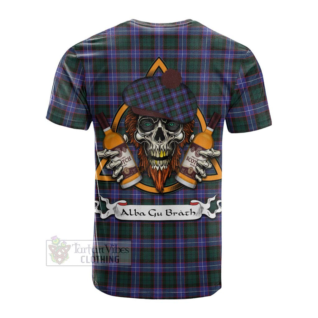 Tartan Vibes Clothing Hunter (Hunterston) Tartan Cotton T-shirt with Family Crest and Bearded Skull Holding Bottles of Whiskey