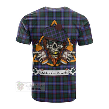 Hunter (Hunterston) Tartan Cotton T-shirt with Family Crest and Bearded Skull Holding Bottles of Whiskey