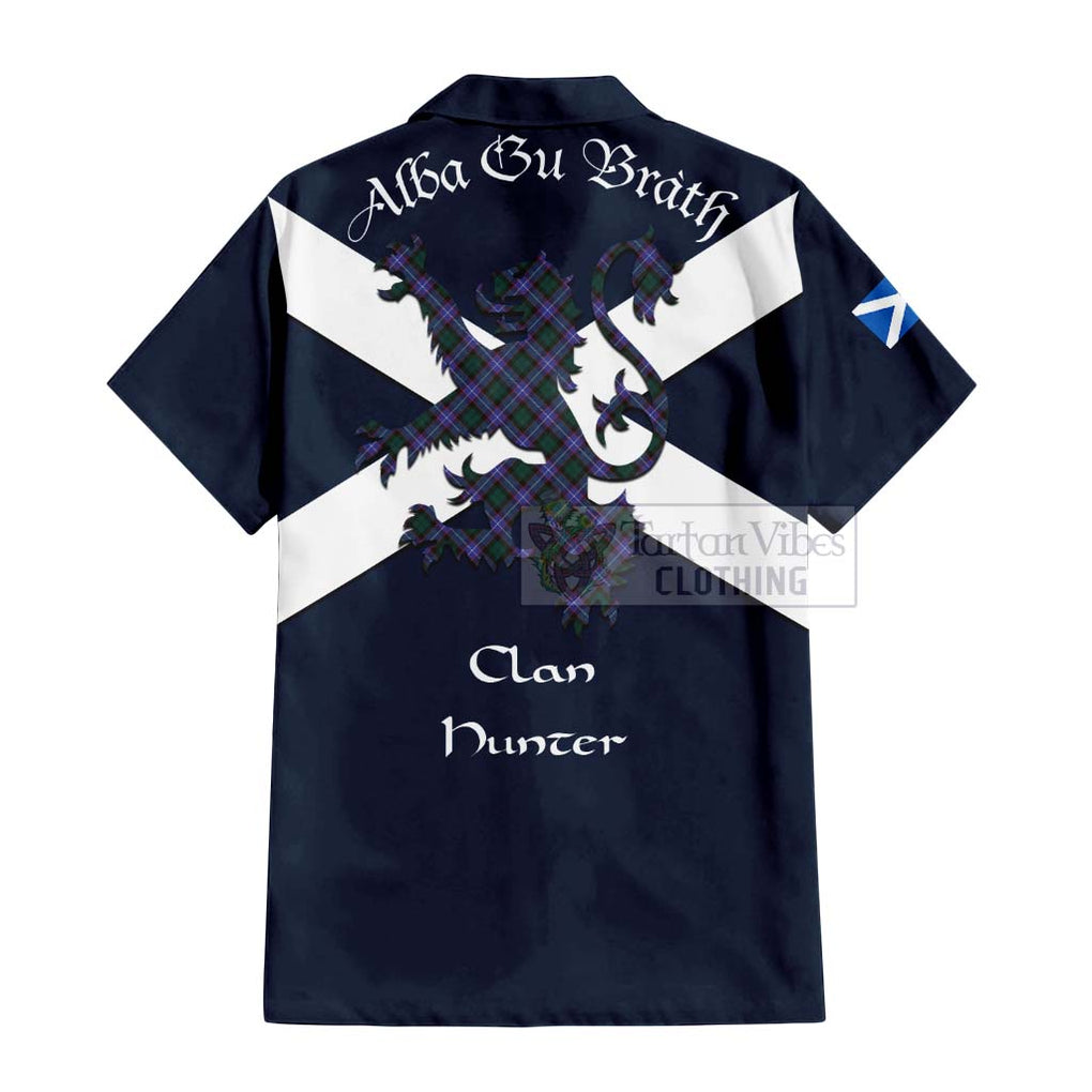 Tartan Vibes Clothing Hunter (Hunterston) Tartan Lion Rampant Short Sleeve Button Shirt – Proudly Display Your Heritage with Alba Gu Brath and Clan Name