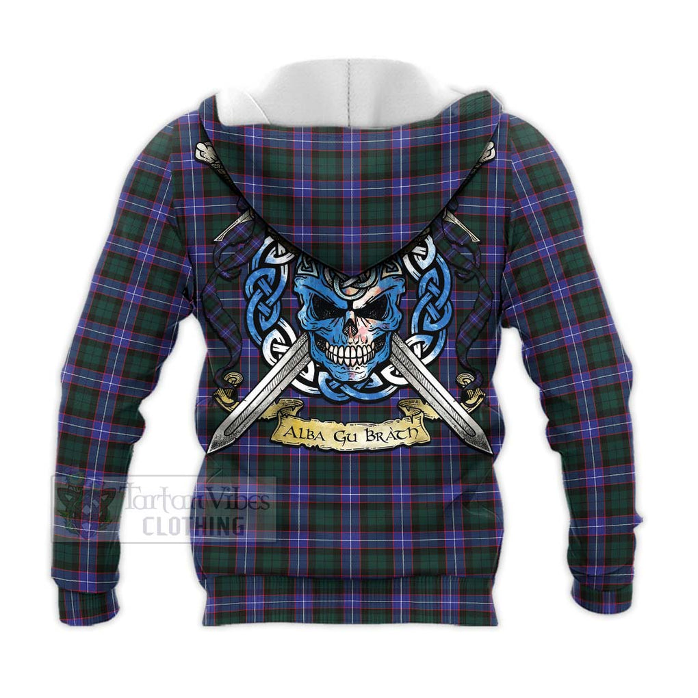 Tartan Vibes Clothing Hunter (Hunterston) Tartan Knitted Hoodie with Family Crest Celtic Skull Style