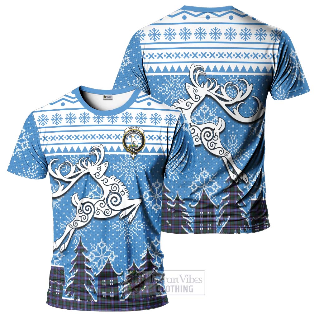 Tartan Vibes Clothing Hunter (Hunterston) Clan Christmas T-Shirt Celtic Reindeer Style