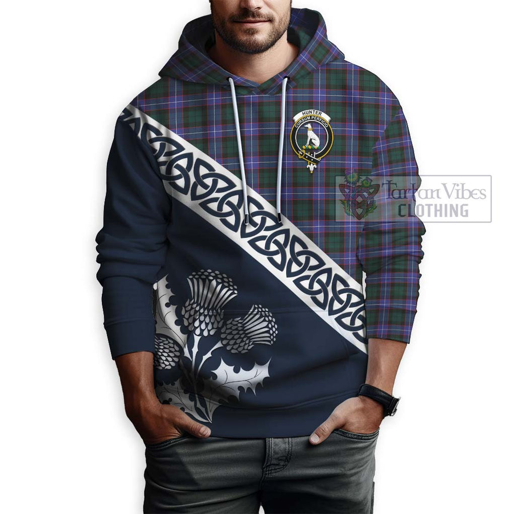 Tartan Vibes Clothing Hunter (Hunterston) Tartan Hoodie Featuring Thistle and Scotland Map