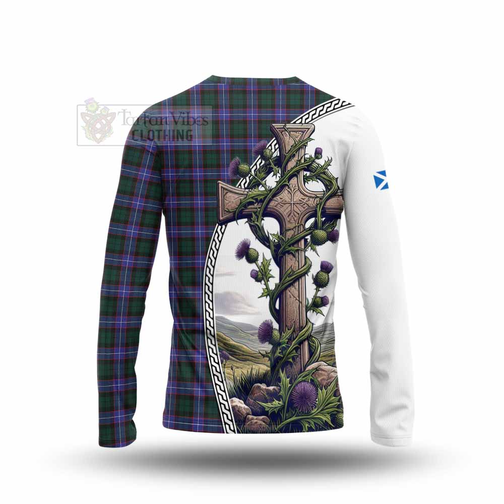 Tartan Vibes Clothing Hunter (Hunterston) Tartan Long Sleeve T-Shirt with Family Crest and St. Andrew's Cross Accented by Thistle Vines