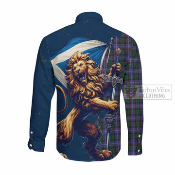 Hunter (Hunterston) Tartan Family Crest Long Sleeve Button Shirt with Scottish Majestic Lion