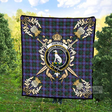 Hunter (Hunterston) Tartan Quilt with Family Crest and Scottish Golden Courage Shield