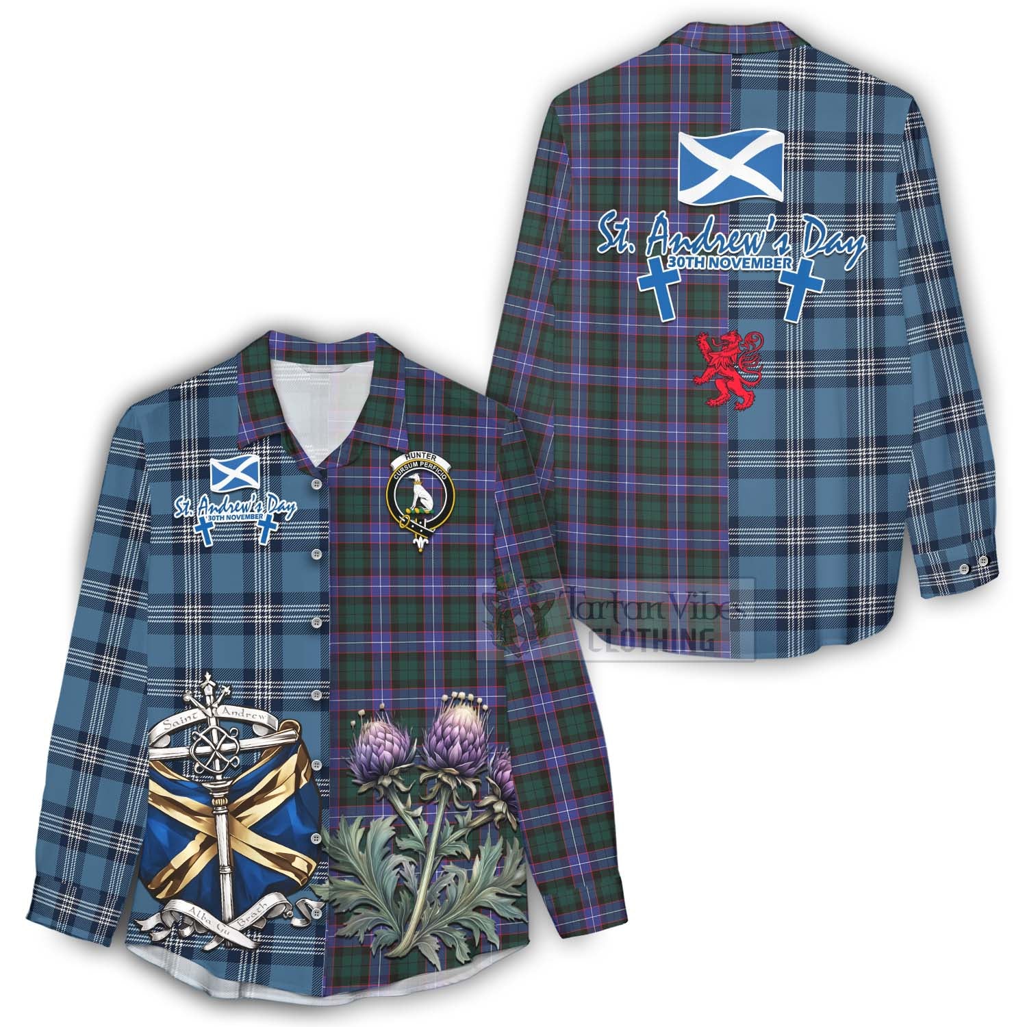 Tartan Vibes Clothing Hunter (Hunterston) Tartan Women's Casual Shirt Happy St. Andrew's Day Half Tartan Style