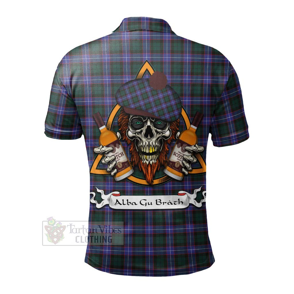 Tartan Vibes Clothing Hunter (Hunterston) Tartan Polo Shirt with Family Crest and Bearded Skull Holding Bottles of Whiskey