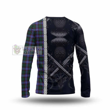 Hunter (Hunterston) Tartan Long Sleeve T-Shirt with Family Crest Cross Sword Thistle Celtic Vibes