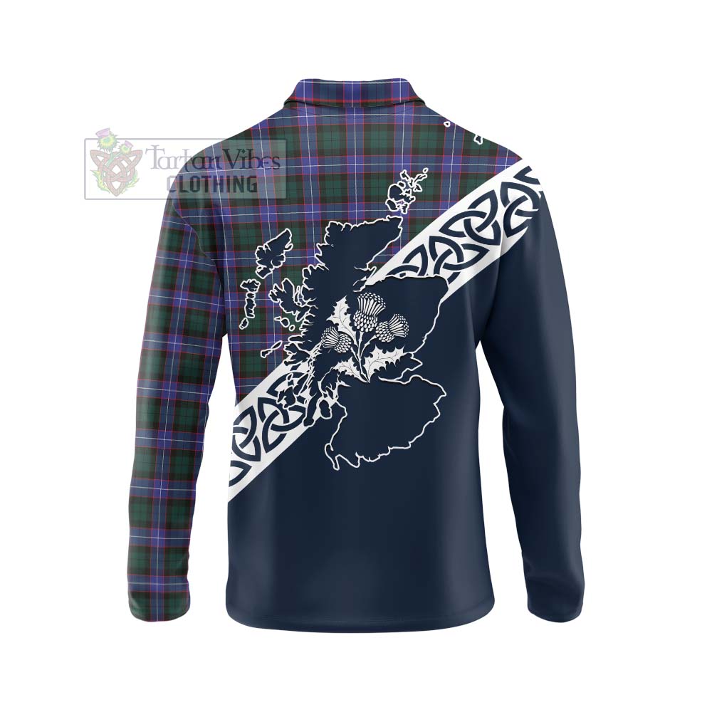 Tartan Vibes Clothing Hunter (Hunterston) Tartan Long Sleeve Polo Shirt Featuring Thistle and Scotland Map