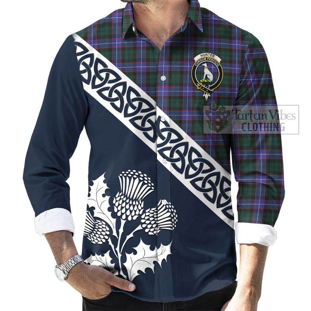 Tartan Vibes Clothing Hunter (Hunterston) Tartan Long Sleeve Button Shirt Featuring Thistle and Scotland Map