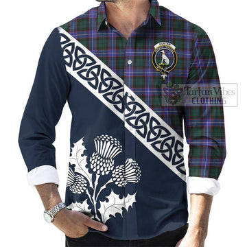 Hunter (Hunterston) Tartan Long Sleeve Button Shirt Featuring Thistle and Scotland Map