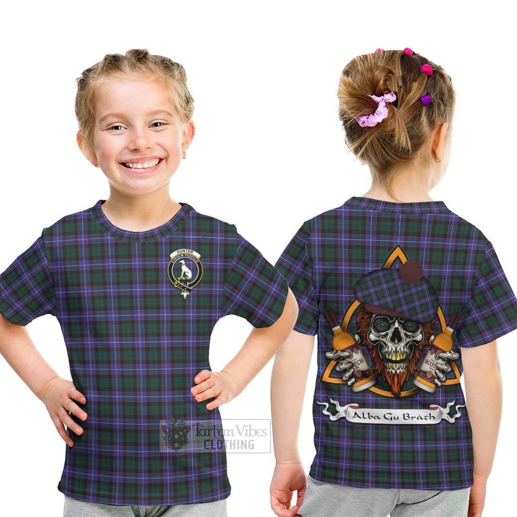 Tartan Vibes Clothing Hunter (Hunterston) Tartan Kid T-Shirt with Family Crest and Bearded Skull Holding Bottles of Whiskey