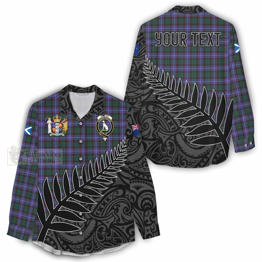 Tartan Vibes Clothing Hunter (Hunterston) Crest Tartan Women's Casual Shirt with New Zealand Silver Fern Half Style