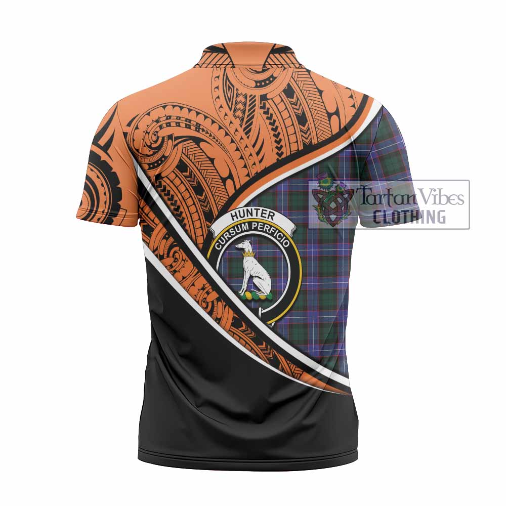 Tartan Vibes Clothing Hunter (Hunterston) Crest Tartan Zipper Polo Shirt with Maori Tattoo Style - Orange Version