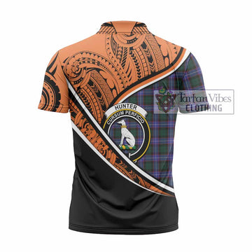 Hunter (Hunterston) Crest Tartan Zipper Polo Shirt with Polynesian Vibes Style - Orange Version