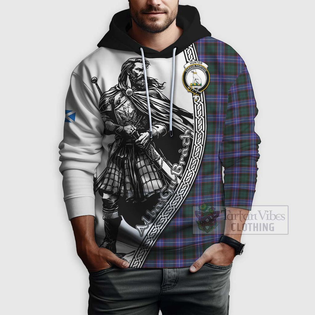 Tartan Vibes Clothing Hunter (Hunterston) Tartan Clan Crest Hoodie with Highlander Warrior Celtic Style