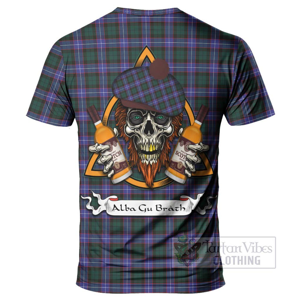 Tartan Vibes Clothing Hunter (Hunterston) Tartan T-Shirt with Family Crest and Bearded Skull Holding Bottles of Whiskey