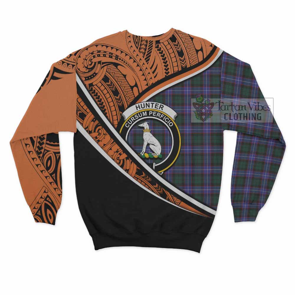 Tartan Vibes Clothing Hunter (Hunterston) Crest Tartan Sweatshirt with Maori Tattoo Style - Orange Version