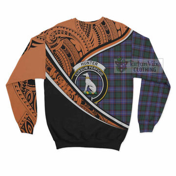 Hunter (Hunterston) Crest Tartan Sweatshirt with Polynesian Vibes Style - Orange Version