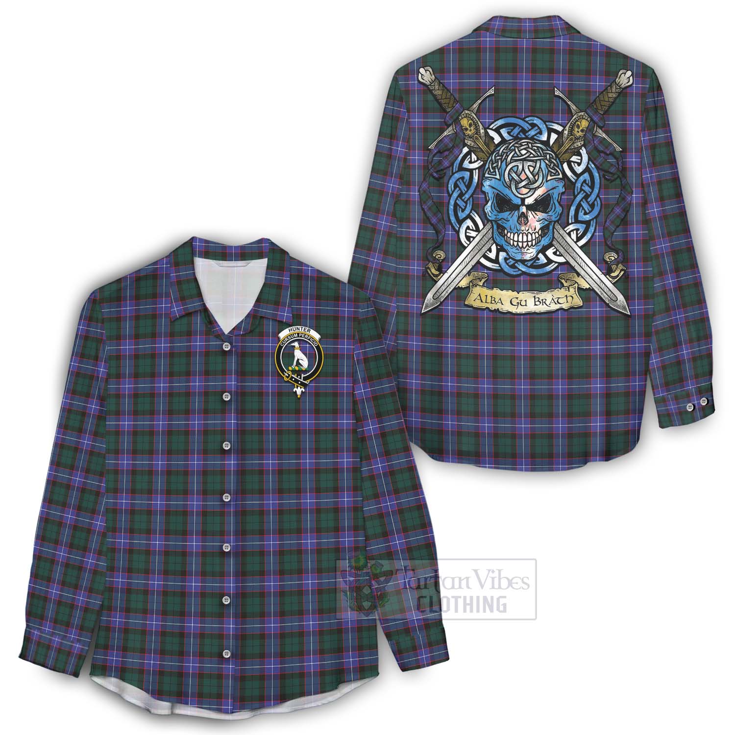 Tartan Vibes Clothing Hunter (Hunterston) Tartan Women's Casual Shirt with Family Crest Celtic Skull Style