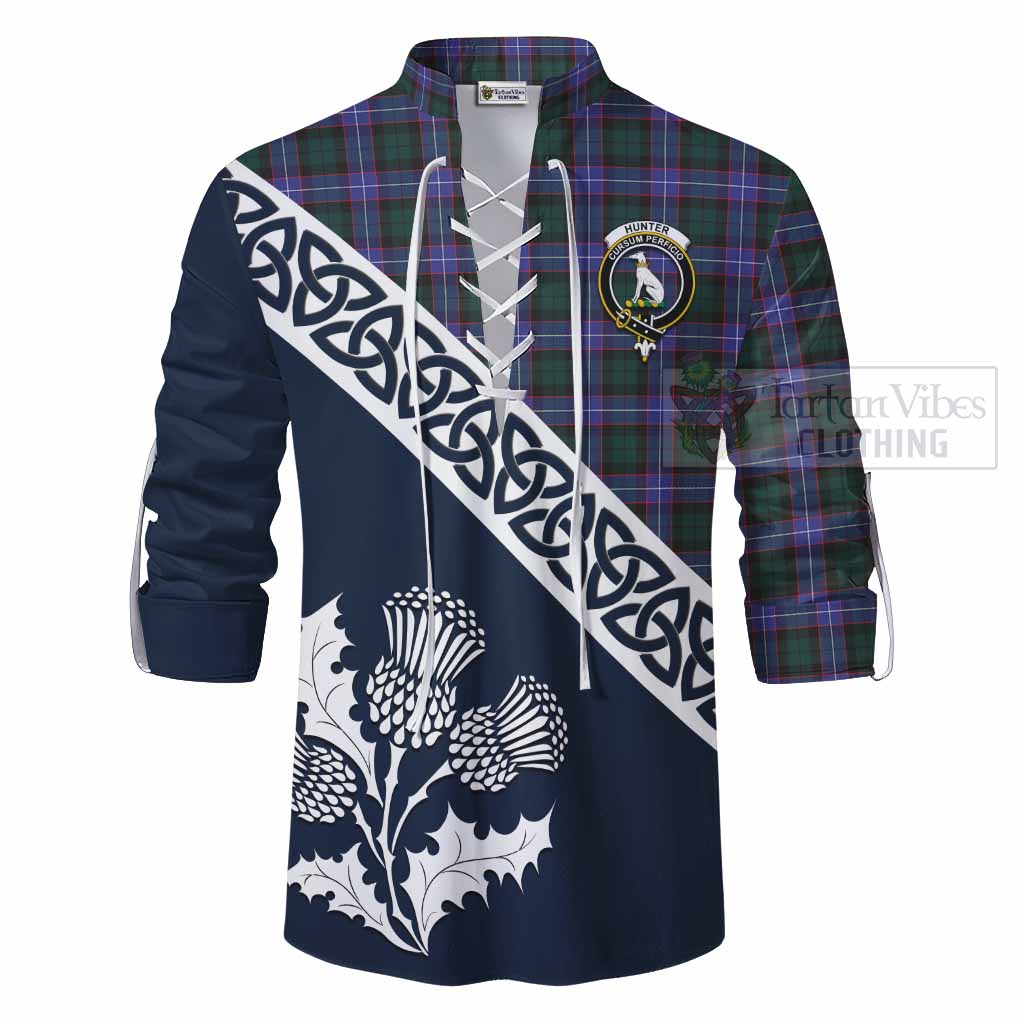 Tartan Vibes Clothing Hunter (Hunterston) Tartan Ghillie Kilt Shirt Featuring Thistle and Scotland Map